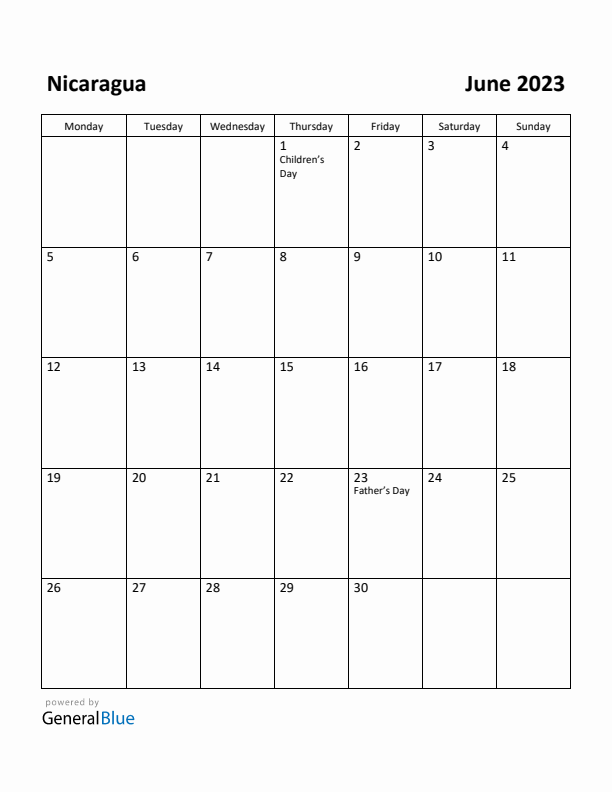 June 2023 Calendar with Nicaragua Holidays