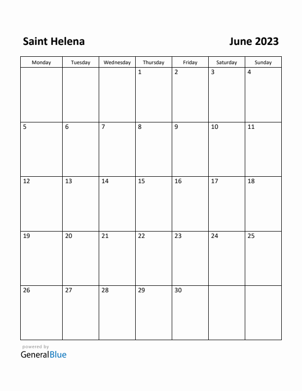 June 2023 Calendar with Saint Helena Holidays
