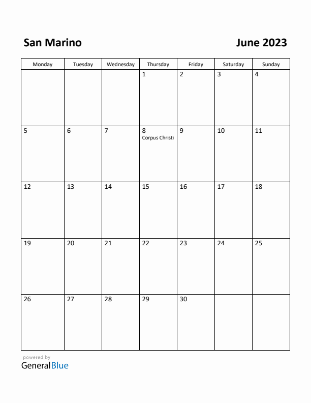 June 2023 Calendar with San Marino Holidays