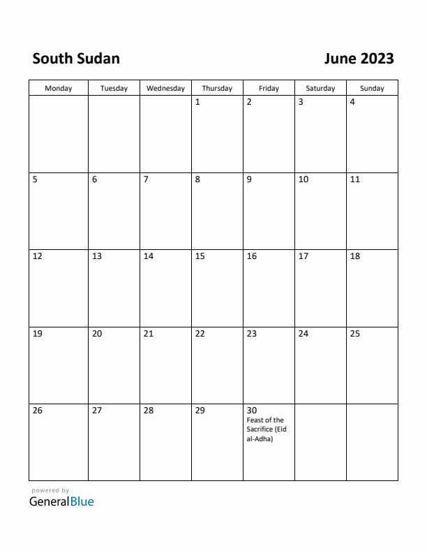 June 2023 Calendar with South Sudan Holidays