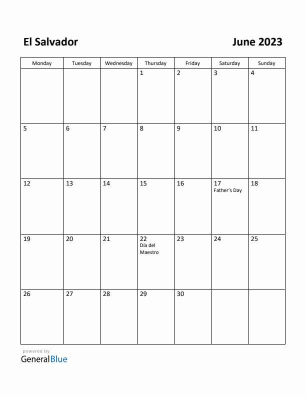 June 2023 Calendar with El Salvador Holidays