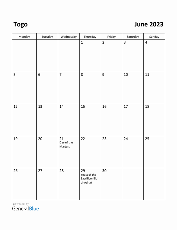 June 2023 Calendar with Togo Holidays
