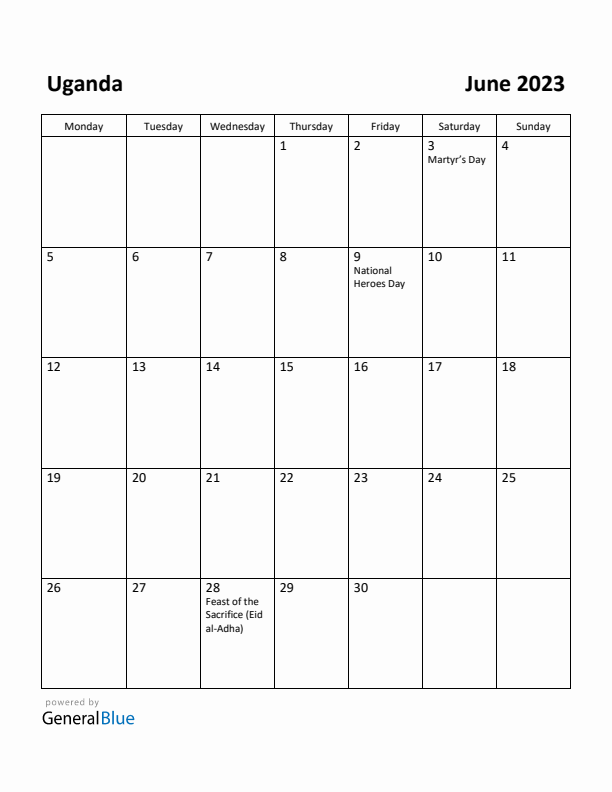 June 2023 Calendar with Uganda Holidays
