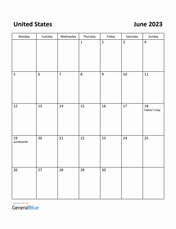 June 2023 Calendar with United States Holidays