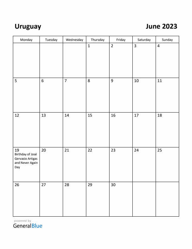 June 2023 Calendar with Uruguay Holidays