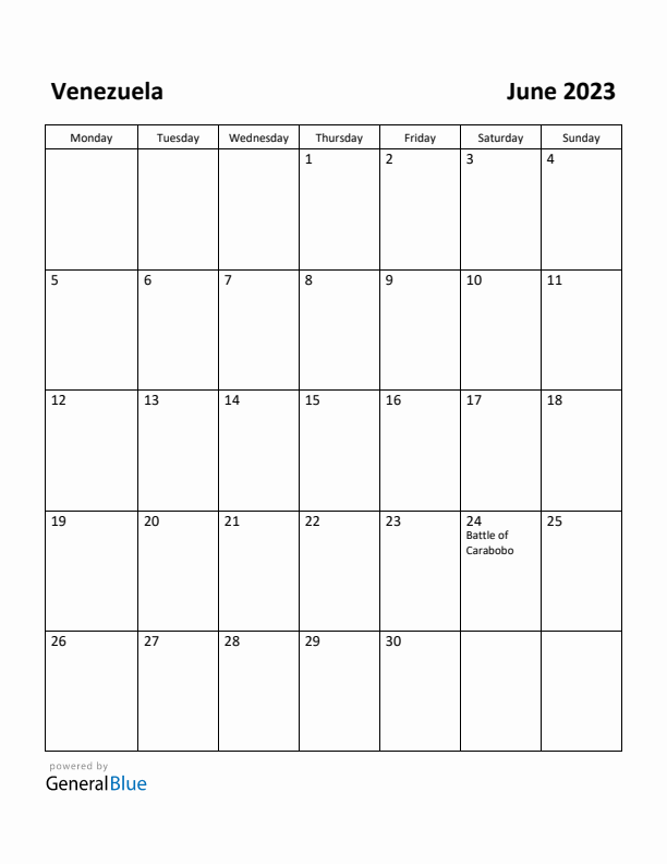 June 2023 Calendar with Venezuela Holidays