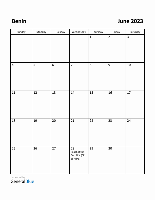 June 2023 Calendar with Benin Holidays