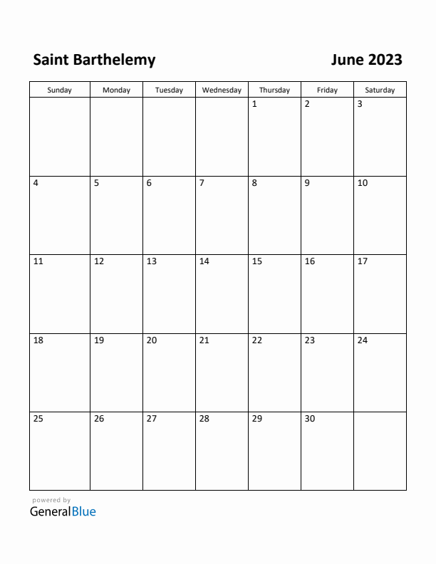 June 2023 Calendar with Saint Barthelemy Holidays