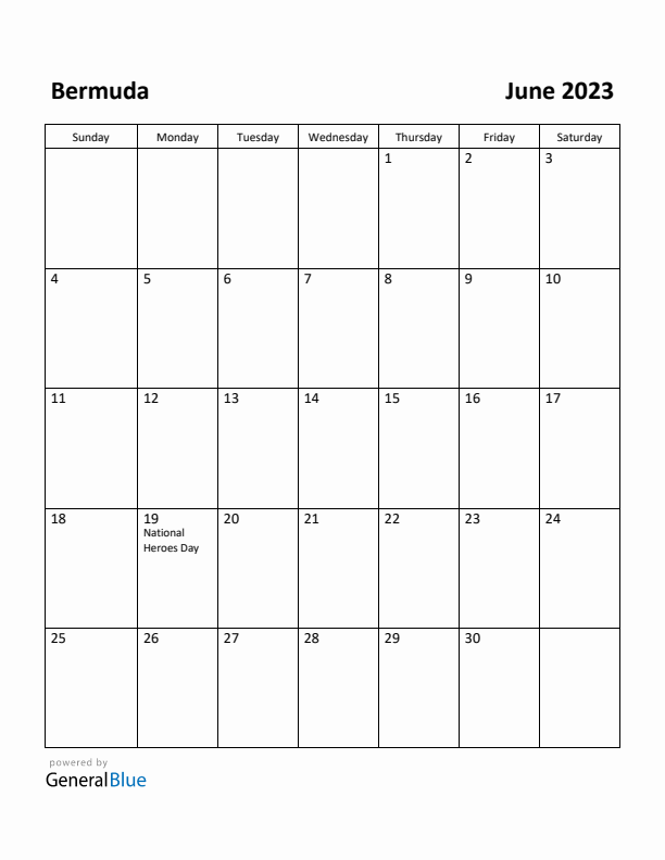 June 2023 Calendar with Bermuda Holidays