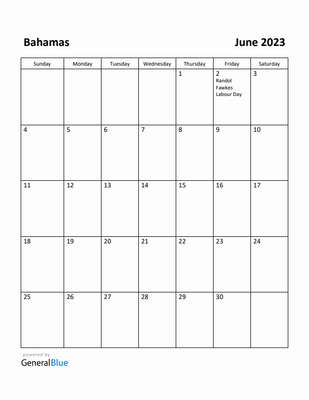 June 2023 Calendar with Bahamas Holidays