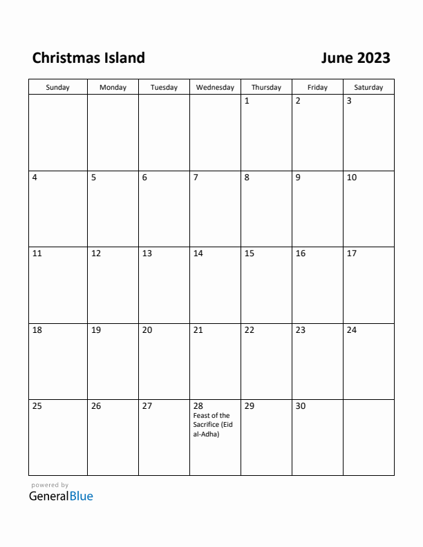 June 2023 Calendar with Christmas Island Holidays