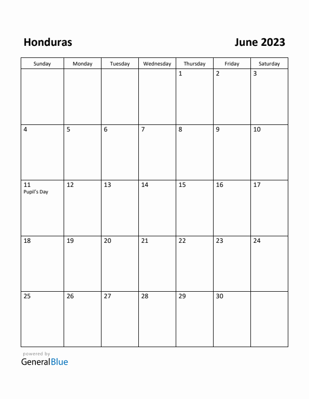 June 2023 Calendar with Honduras Holidays