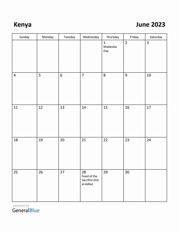 June 2023 Calendar with Kenya Holidays
