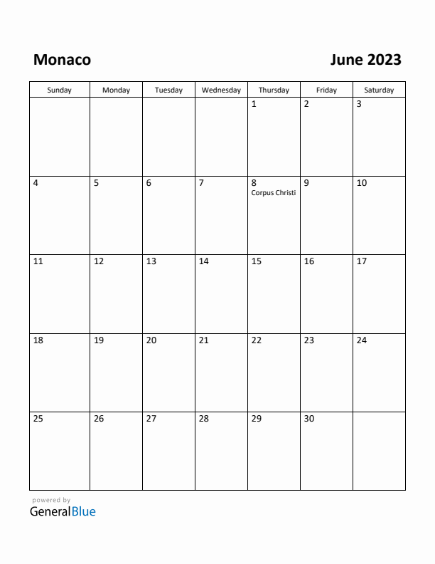 June 2023 Calendar with Monaco Holidays