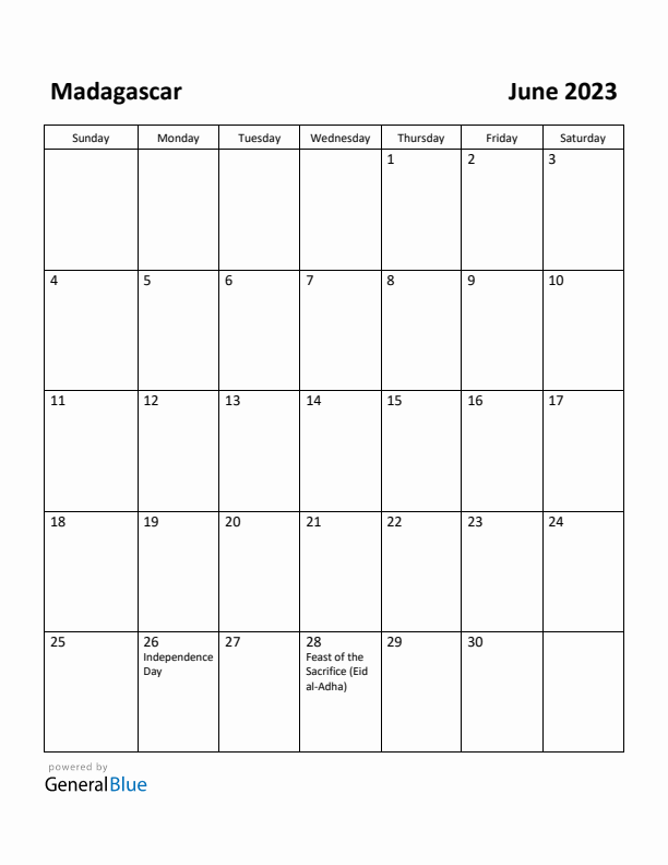 June 2023 Calendar with Madagascar Holidays