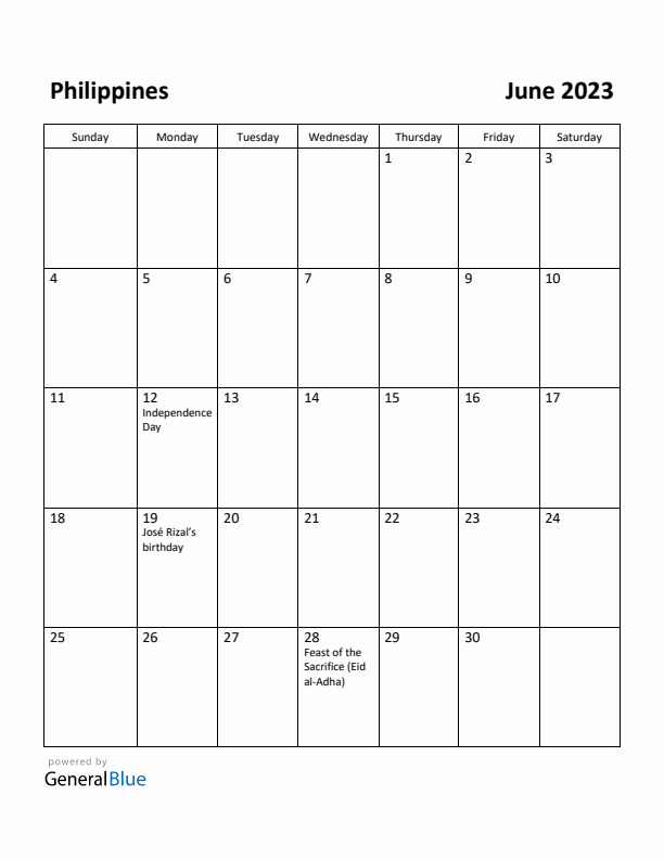 June 2023 Calendar with Philippines Holidays