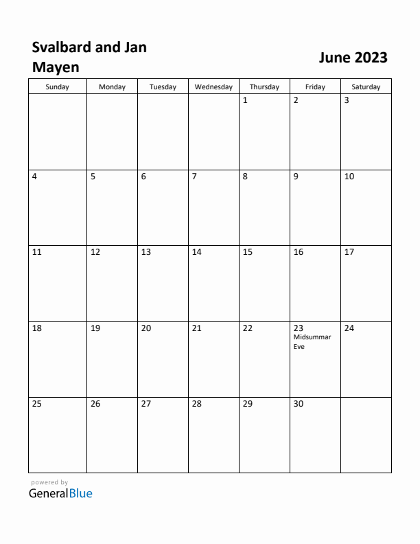June 2023 Calendar with Svalbard and Jan Mayen Holidays