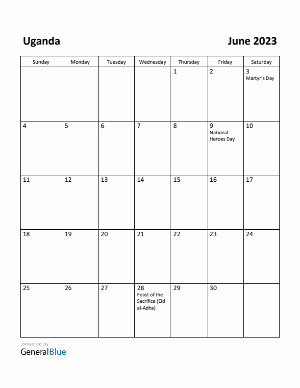 June 2023 Calendar with Uganda Holidays