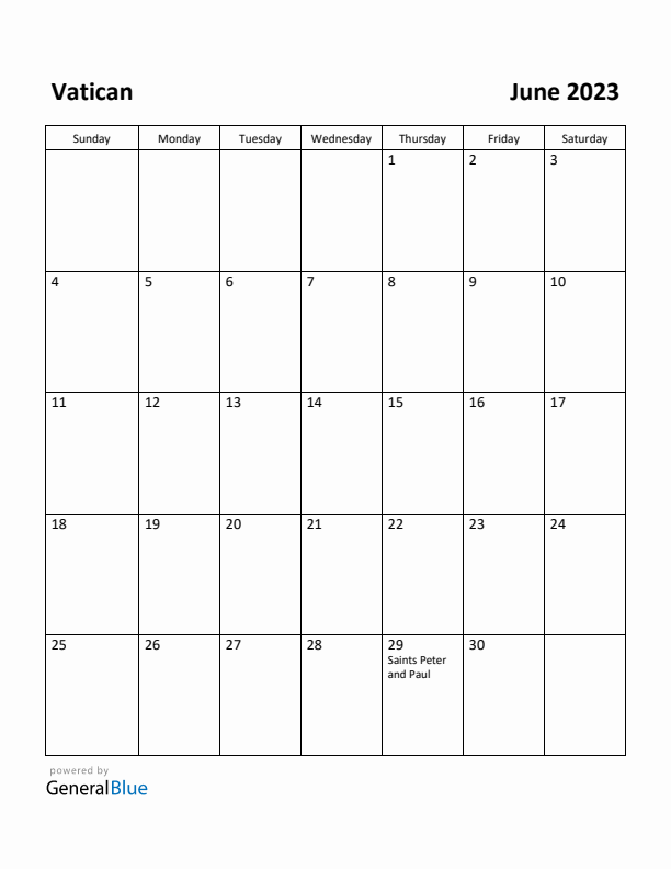 June 2023 Calendar with Vatican Holidays
