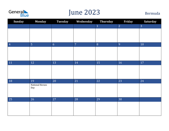 Bermuda June 2023 Calendar with Holidays