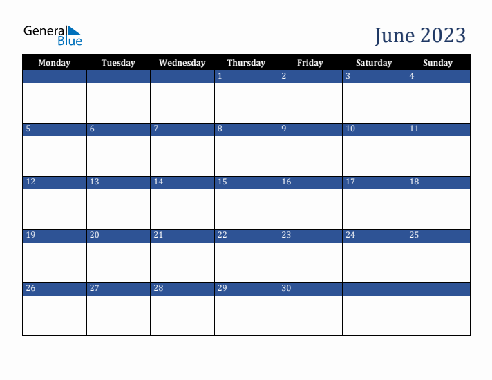 Monday Start Calendar for June 2023