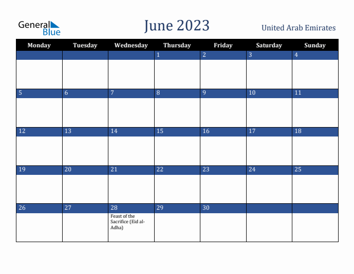 June 2023 United Arab Emirates Calendar (Monday Start)