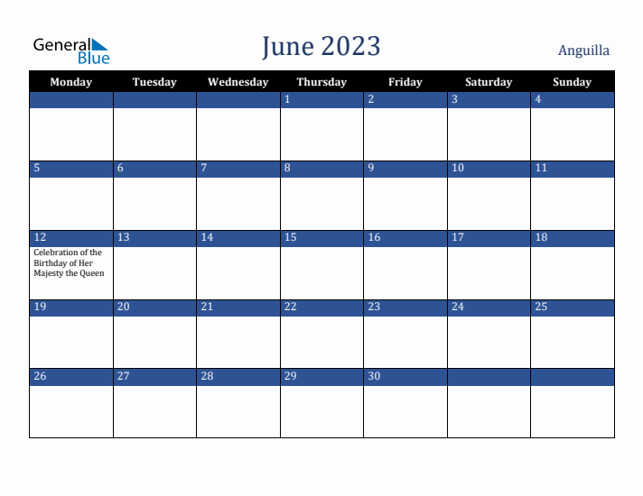 June 2023 Anguilla Calendar (Monday Start)