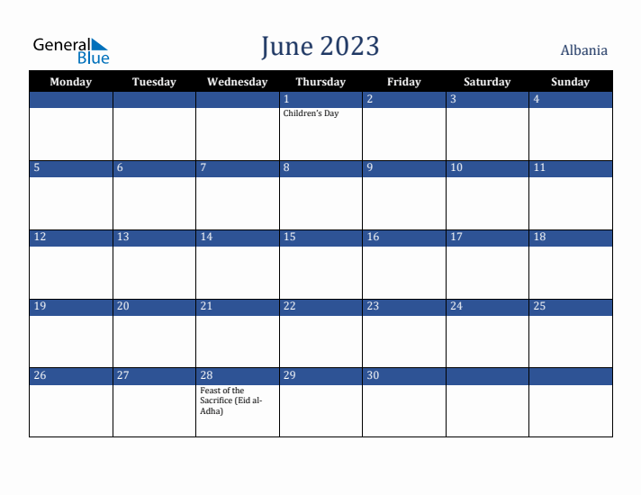 June 2023 Albania Calendar (Monday Start)