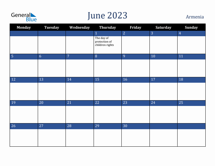 June 2023 Armenia Calendar (Monday Start)