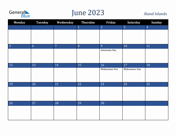 June 2023 Aland Islands Calendar (Monday Start)