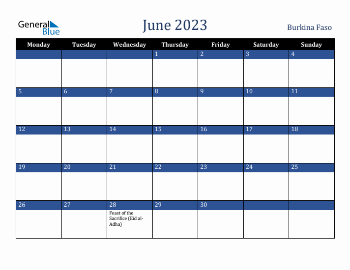 June 2023 Burkina Faso Calendar (Monday Start)
