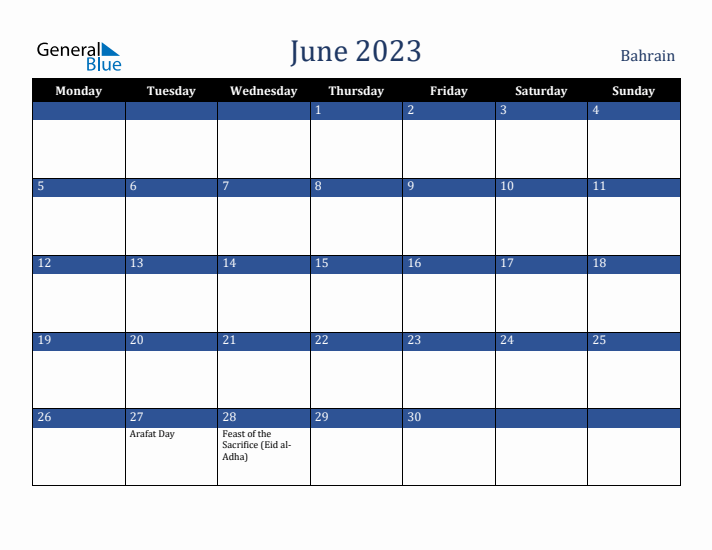 June 2023 Bahrain Calendar (Monday Start)