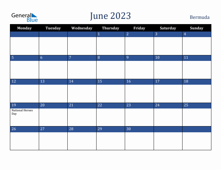 June 2023 Bermuda Calendar (Monday Start)