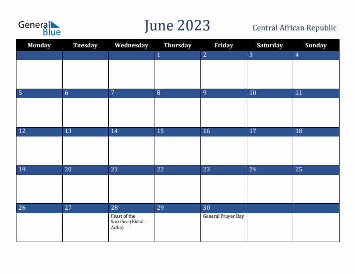 June 2023 Central African Republic Calendar (Monday Start)