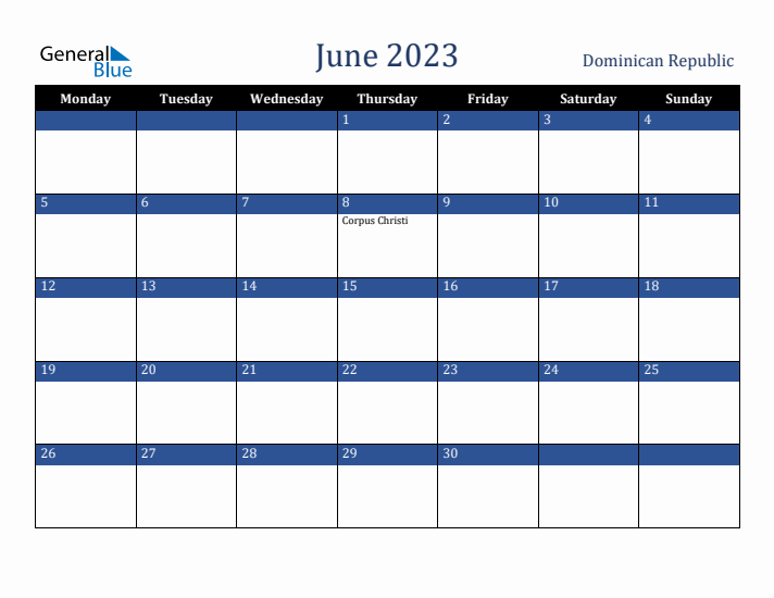 June 2023 Dominican Republic Calendar (Monday Start)
