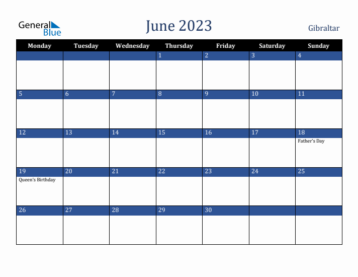 June 2023 Gibraltar Calendar (Monday Start)