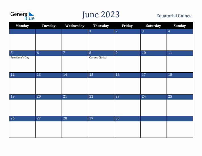 June 2023 Equatorial Guinea Calendar (Monday Start)