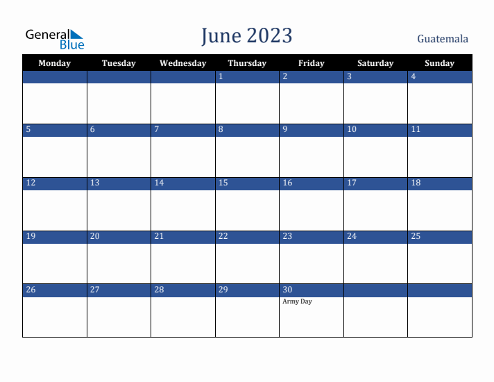 June 2023 Guatemala Calendar (Monday Start)