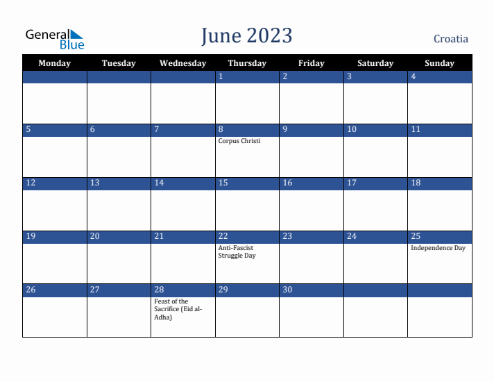 June 2023 Croatia Calendar (Monday Start)