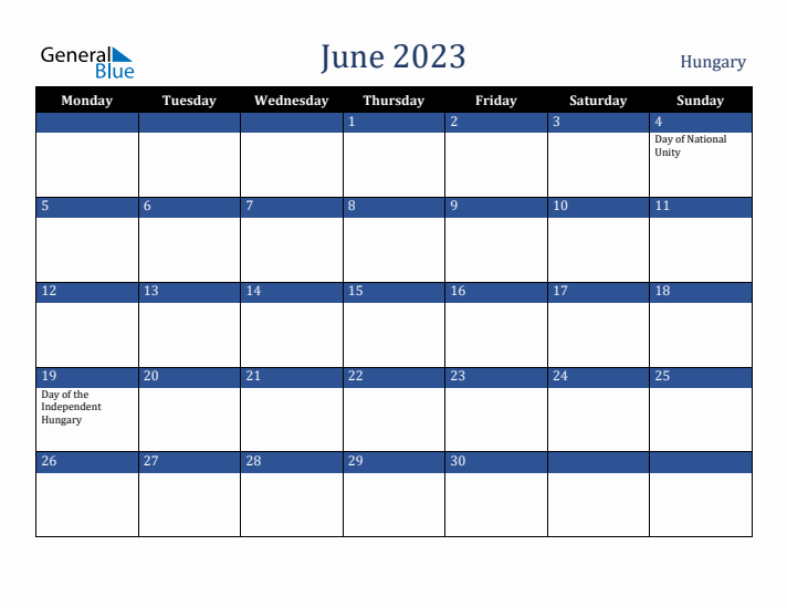 June 2023 Hungary Calendar (Monday Start)