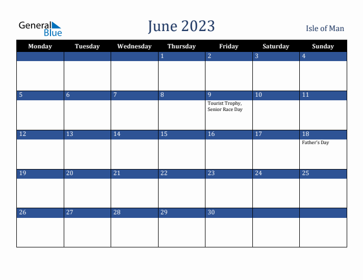 June 2023 Isle of Man Calendar (Monday Start)