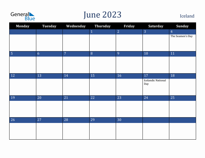 June 2023 Iceland Calendar (Monday Start)