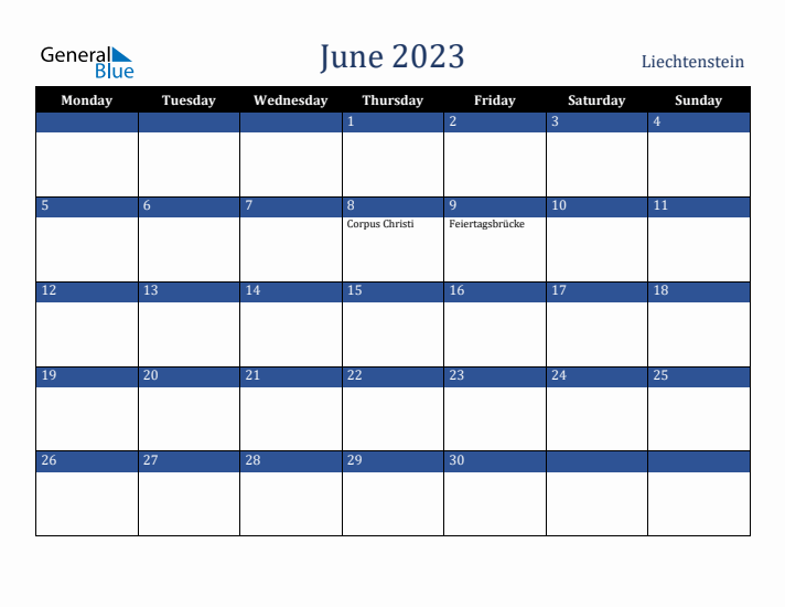 June 2023 Liechtenstein Calendar (Monday Start)