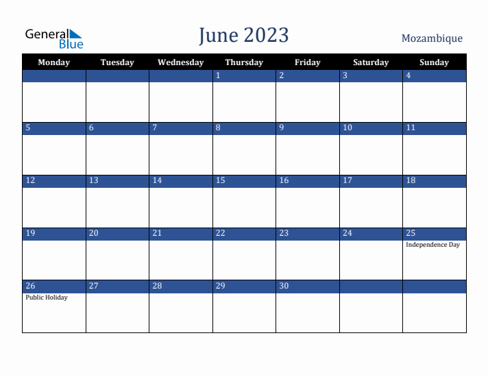 June 2023 Mozambique Calendar (Monday Start)