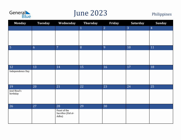 June 2023 Philippines Calendar (Monday Start)