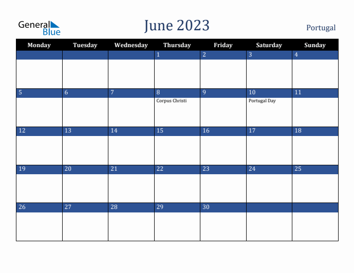June 2023 Portugal Calendar (Monday Start)