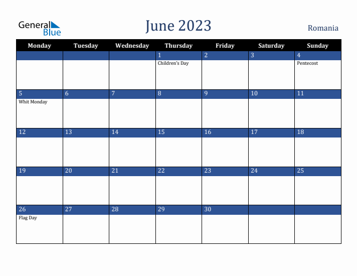 June 2023 Romania Calendar (Monday Start)