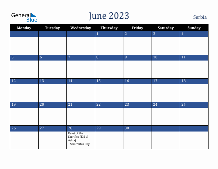 June 2023 Serbia Calendar (Monday Start)