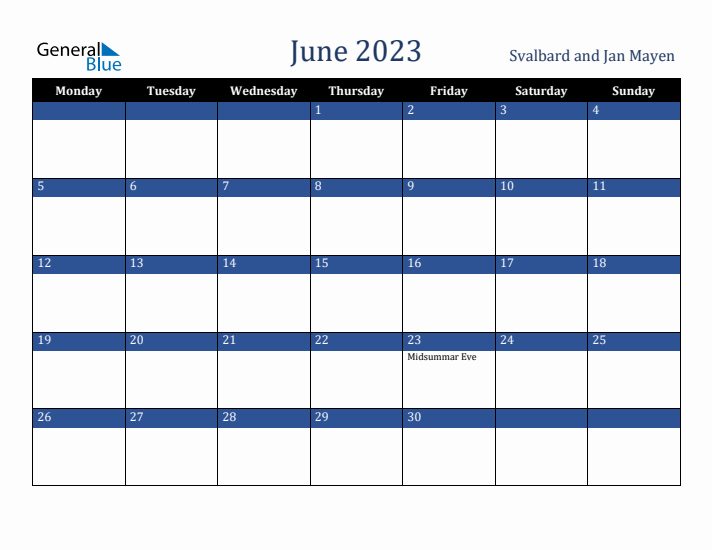 June 2023 Svalbard and Jan Mayen Calendar (Monday Start)