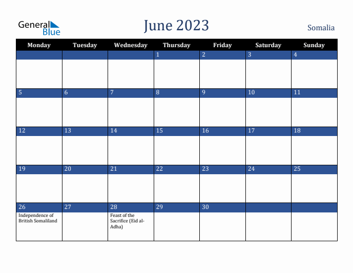 June 2023 Somalia Calendar (Monday Start)